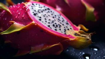 Generative AI, bright slice of juicy ripe dragonfruit and water drops, macro of summer fruit photo