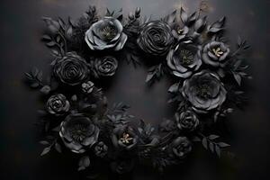 generativo ai, cerca arriba guirnalda, floreciente Camas de flores de increíble negro flores en oscuro temperamental floral texturizado antecedentes. foto