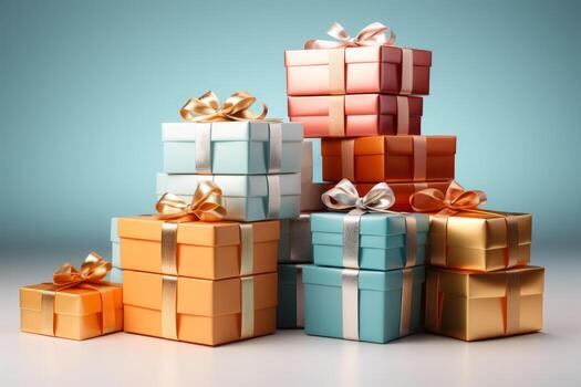 Stack of gift boxes from Cyber Week sales isolated on a gradient background photo