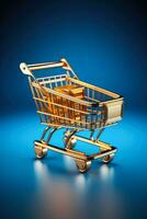 Golden Cyber Week shopping cart icon isolated on a blue gradient background photo