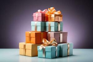 Stack of gift boxes from Cyber Week sales isolated on a gradient background photo