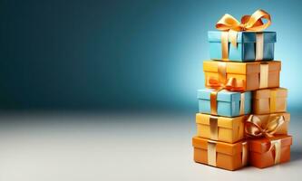 Stack of gift boxes from Cyber Week sales isolated on a gradient background photo