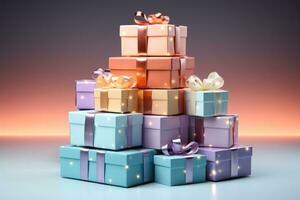 Stack of gift boxes from Cyber Week sales isolated on a gradient background photo