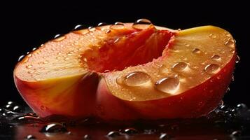 Generative AI, bright slice of juicy ripe peach and water drops, macro of summer fruit photo