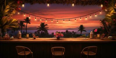 Generative AI, Tropical summer sunset beach bar background. Outdoor restaurant, Led light candles and wooden tables, chairs under beautiful sunset sky, sea view. photo