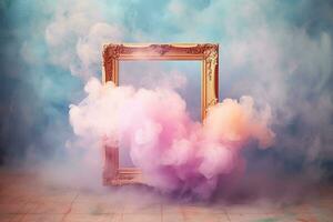 Generative AI, pastel light smoke around empty vintage beautiful frame. photo