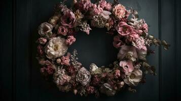 Generative AI, Close up wreath, blooming flowerbeds of amazing pink flowers on dark moody floral textured background. photo