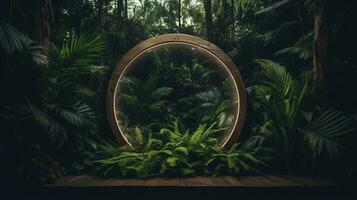 Generative AI, Empty circle wooden frame and tropical leaves on jungle background. For product display. photo