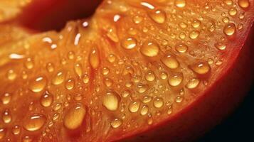 Generative AI, bright slice of juicy ripe peach and water drops, macro of summer fruit photo