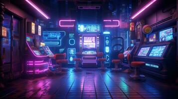 generativo ai, cyberpunk estilo juego bar o cafetería. noche escena de grande ciudad, futurista nostálgico años 80, años 90 neón luces vibrante colores, fotorrealista horizontal ilustración. foto