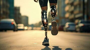 Generative AI, person with disability, prosthetic limb running and does not feel obstacles, photo