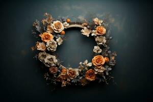 Generative AI, Close up wreath, blooming flowerbeds of amazing apricot and orange flowers on dark moody floral textured background. photo