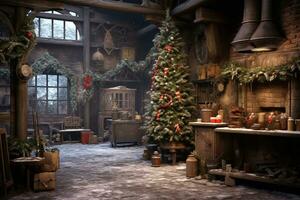 Generative AI, Christmas interior rural background, Santa Claus rustic workshop photo