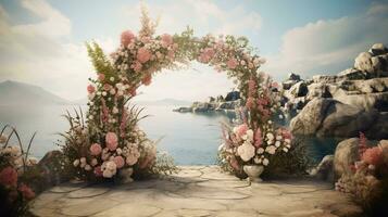 Generative AI, Wedding ceremony boho rustic style arch with flowers and plants, flower bouquets. photo