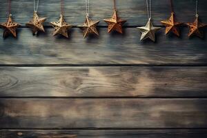 19th century rustic wooden Christmas decorations laid out artistically background with empty space for text photo