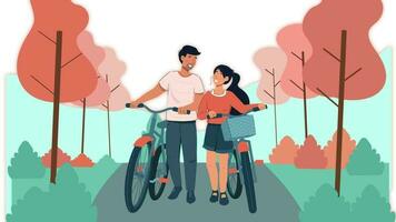 un ilustración de un Pareja montando bicicletas en el parque video