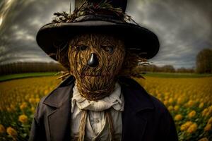 un espantapájaros en pie en un campo de amarillo flores ai generado foto