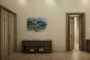 A Room With A Wooden Floor And A Painting On The Wall. AI Generated photo