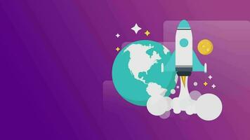 ein Rakete ist fliegend Über das Erde und das Wörter „Startup“ sind auf das Hintergrund video