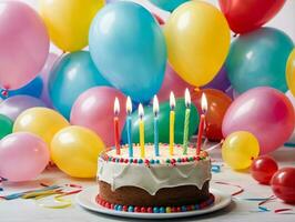 un cumpleaños pastel con iluminado velas rodeado por globos ai generado foto