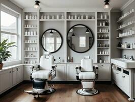 A Salon Room With Two Chairs And A Mirror. AI Generated photo