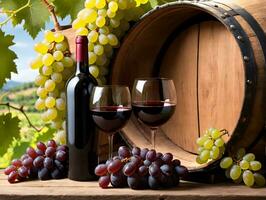 Two Glasses Of Red Wine Next To A Barrel And A Bunch Of Grapes. AI Generated photo