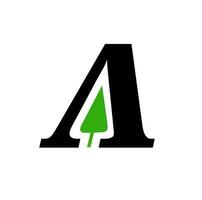 Typography letter A with green tree vector icon.