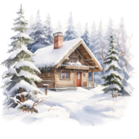 invierno bosque cabina para Navidad evento. acuarela estilo. ai generado png