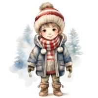 Boy Wearing Winter Clothes For Christmas Event. Watercolor Style. AI Generated png