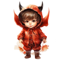 Boy Wearing Devil Costume For Halloween Event. Watercolor Style. AI Generated png