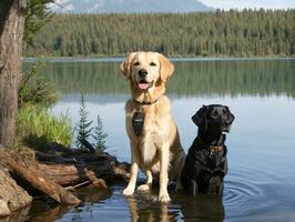 un Pareja de perros ese son sentado en el agua. ai generado foto