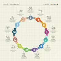 Road way infographic circle of 13 steps and business icons for finance process steps. vector