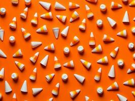 A Group Of Candy Cones Sitting On Top Of An Orange Surface. AI Generated photo