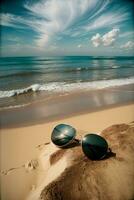 A Pair Of Sunglasses Sitting On Top Of A Sandy Beach. AI Generated photo