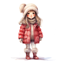 Girl Wearing Winter Clothes For Christmas Event. Watercolor Style. AI Generated png