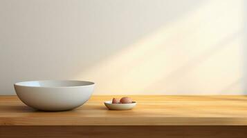 a bowl and an egg on a wooden table AI Generative photo