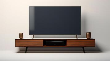 a modern tv stand with speakers and a large screen photo