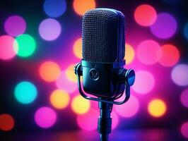 A Microphone In Front Of A Colorful Background. AI Generated photo