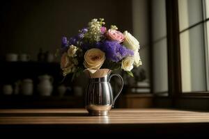 un florero lleno con flores sentado en parte superior de un de madera mesa. ai generado foto