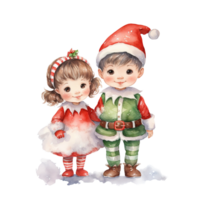 Sibling Wearing Santa and Elf Costume For Christmas Event. Watercolor Style. AI Generated png