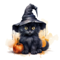 noir chat portant sorcière chapeau pour Halloween événement. aquarelle style. ai généré png