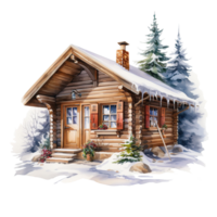 hiver forêt cabine pour Noël événement. aquarelle style. ai généré png