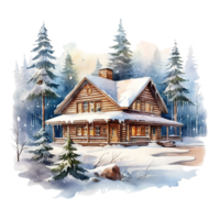 Winter Forest Cabin For Christmas Event. Watercolor Style. AI Generated png