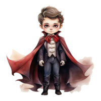 Boy Wearing Dracula Costume For Halloween Event. Watercolor Style. AI Generated png