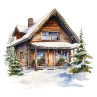 Winter Forest Cabin For Christmas Event. Watercolor Style. AI Generated png