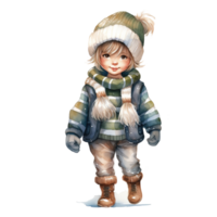 Boy Wearing Winter Clothes For Christmas Event. Watercolor Style. AI Generated png