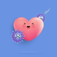 Cartoon heart is sick. the negative effect of viruses, germs and bacteria on the human heart for medical. vector design.