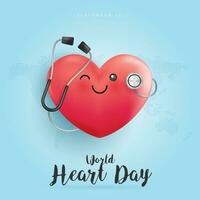 World heart day concept. stethoscope with heart shape, heart wave sign, hug the globe, happy earth day, world map background. vector design.