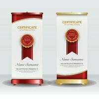 diploma certificate template roll up banner stand model, red and gold color with luxury and modern style vector image.