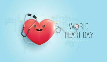 World heart day concept. stethoscope with heart shape, heart wave sign, hug the globe, happy earth day, world map background. vector design.